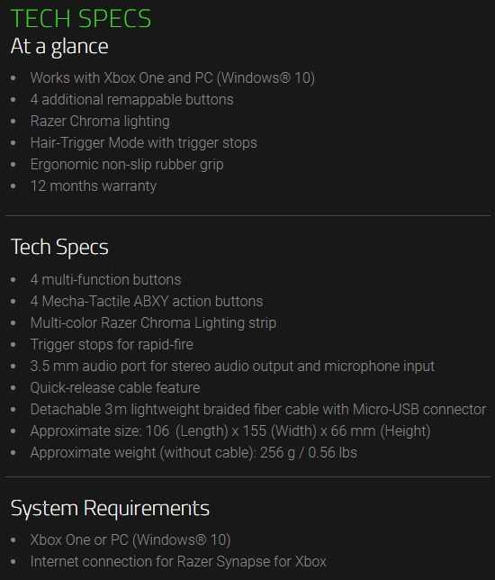 razer wolverine tech spec